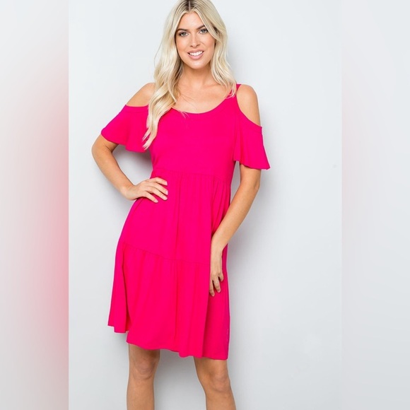SL25 Sweet Lovely by Jen Cold Shoulder Babydoll Dress Fuchsia - Picture 1 of 4